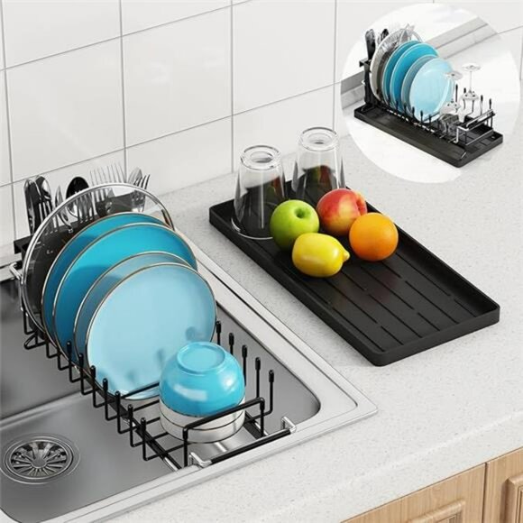 Expandable Over Sink Dish Drying Rack with Mat and Utensil Holder for Small Spac - Picture 7 of 7